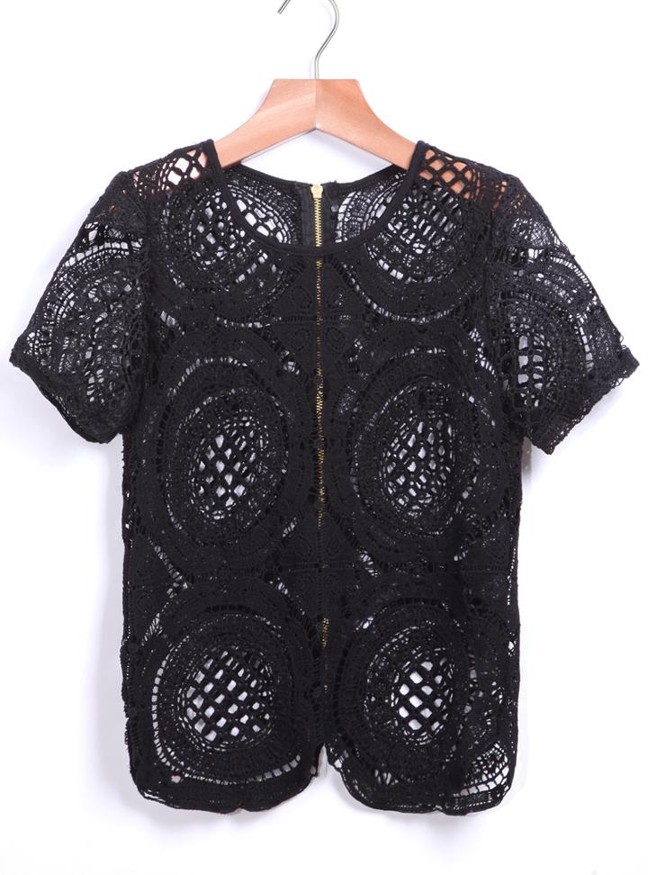 Romwe Hollow Floral Crochet Crop Blouse