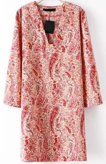 Romwe Red V Neck Cashew Print Straight Dress
