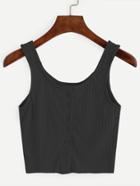 Romwe Black Button Front Ribbed Tank Top