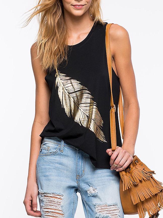 Romwe Feather Print Dip Hem Slit Tank Top
