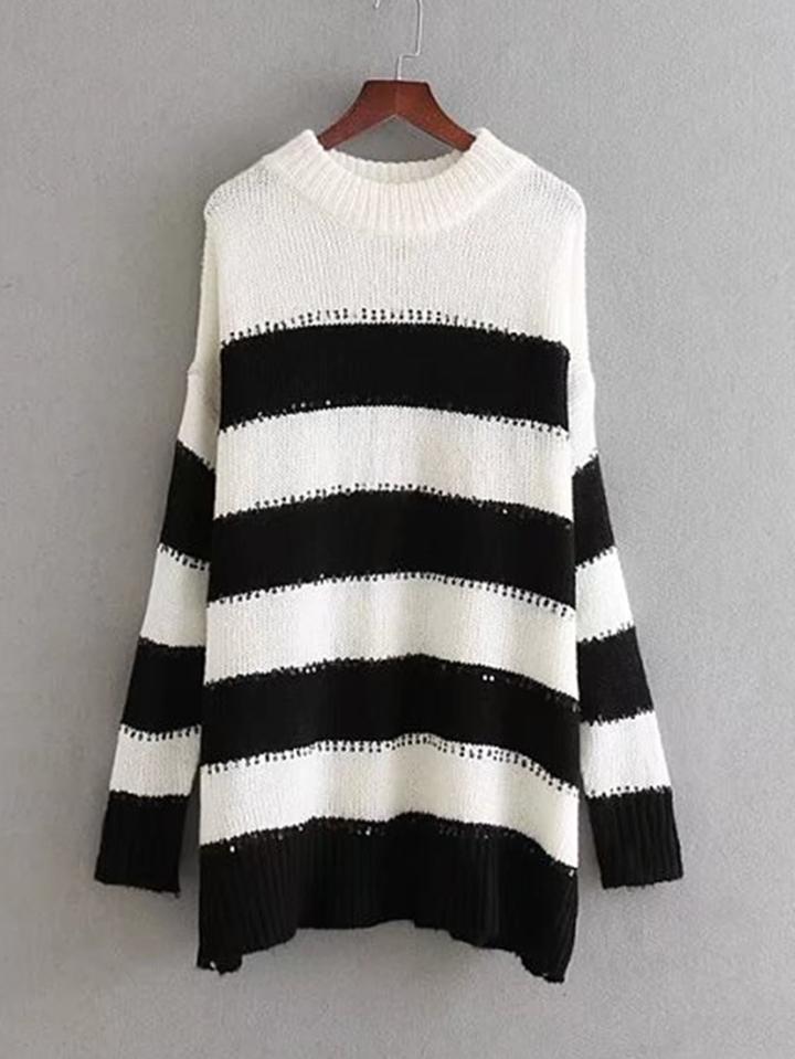 Romwe Sequin Detail Longline Striped Sweater