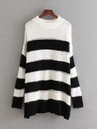 Romwe Sequin Detail Longline Striped Sweater