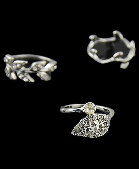 Romwe Silver Diamond Leaves Three Fingers Rings
