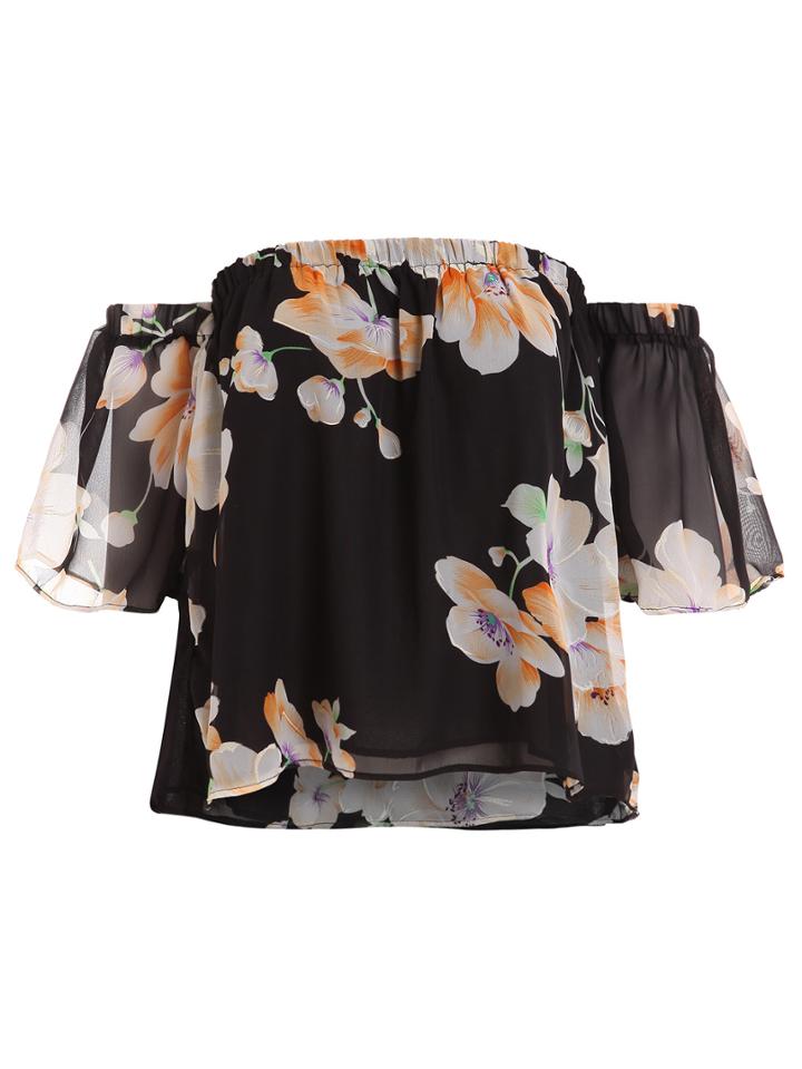 Romwe Off-the-shoulder Flower Print Crop Top