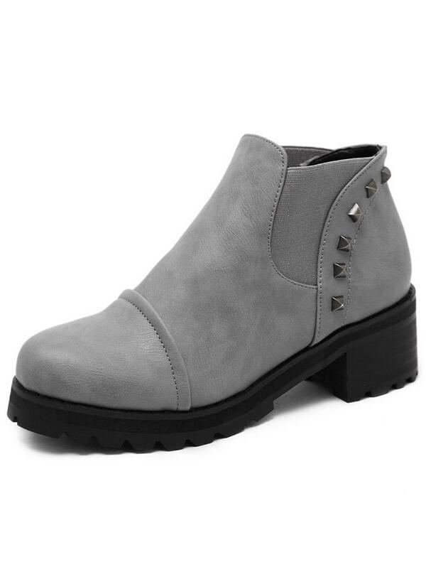 Romwe Grey Round Toe Rivets Pu Elastic Boots