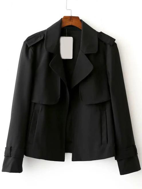 Romwe Black Lapel Epaulet Open Front Coat