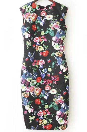 Romwe Black Cap Sleeve Floral Print Knee Length Dress