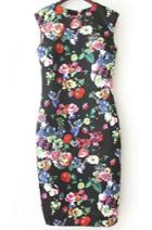 Romwe Black Cap Sleeve Floral Print Knee Length Dress