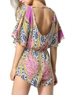 Romwe V Neck Bat Sleeve Florals Drawstring Jumpsuit