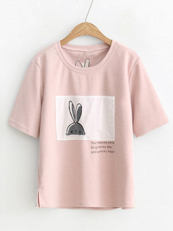 Romwe Rabbit Patch Side Slit Tee