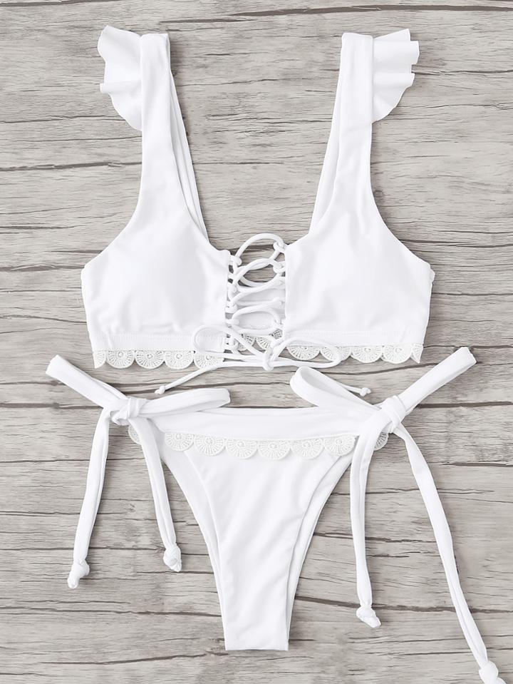 Romwe Lace Up Crochet Lace Bikini Set