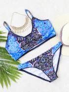 Romwe Blue Printed Scalloped Trim Bikini Set