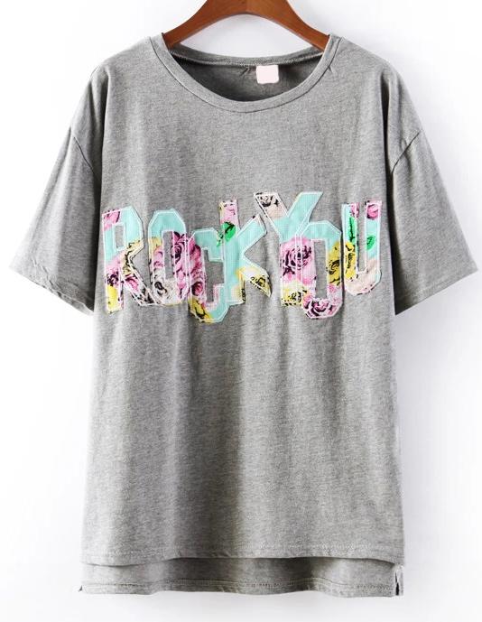 Romwe Rock You Pattern Dip Hem Grey T-shirt