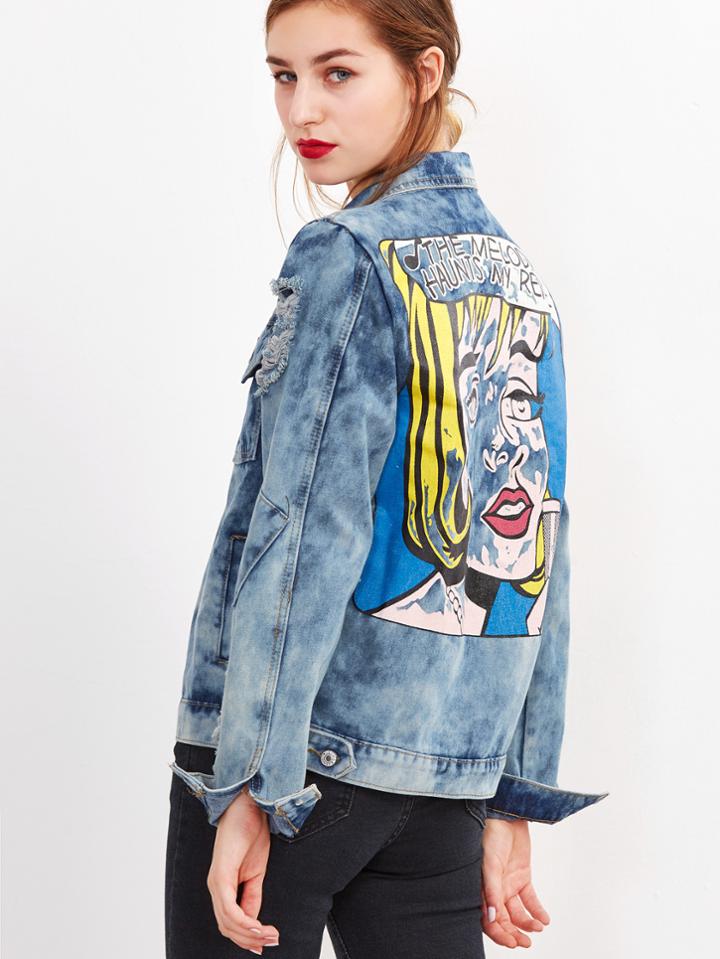 Romwe Blue Cartoon Print Back Bleach Wash Ripped Denim Jacket