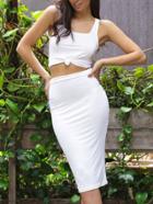 Romwe Knotted Crop Tank Top With Pencil Skirt - White