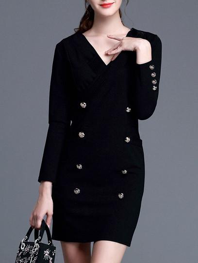 Romwe V Neck Long Sleeve Double Breasted Dress