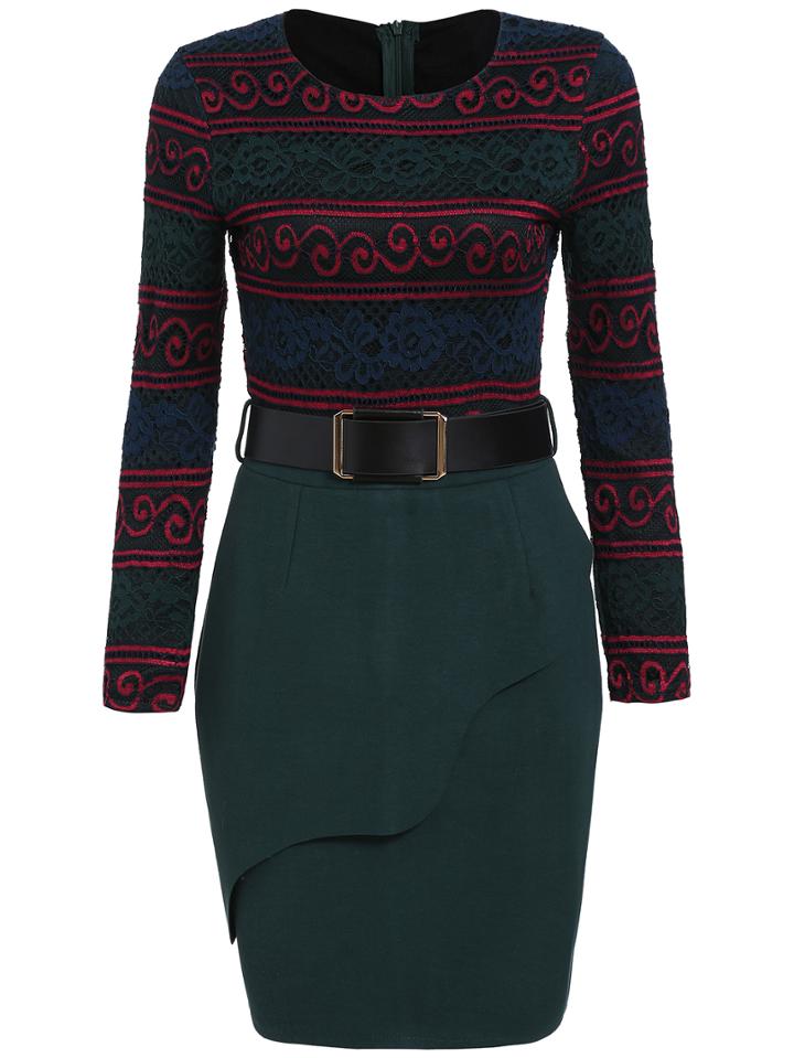 Romwe Crew Neck Lace Pencil Dress With Belt