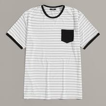 Romwe Guys Pocket Patch Striped Ringer Tee