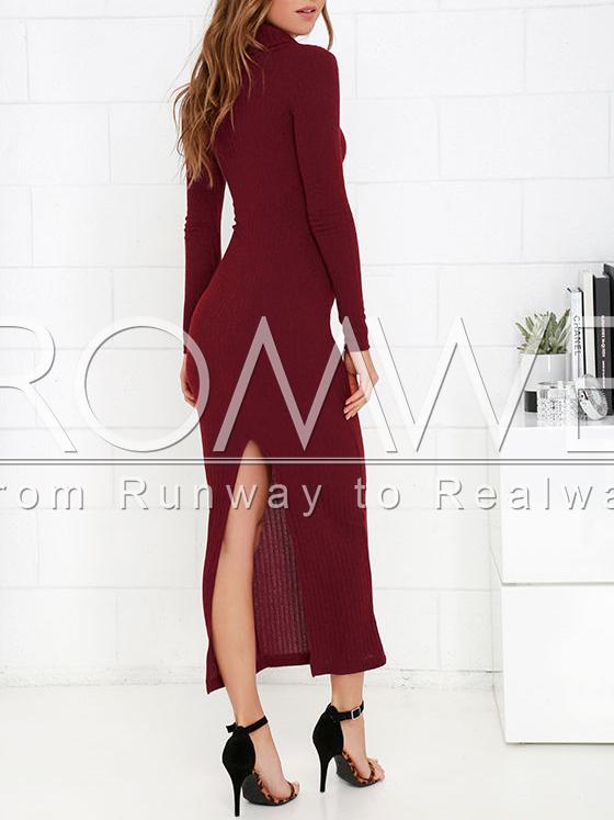 Romwe Burgundy Turtleneck Back Slit Sheath Long Dress