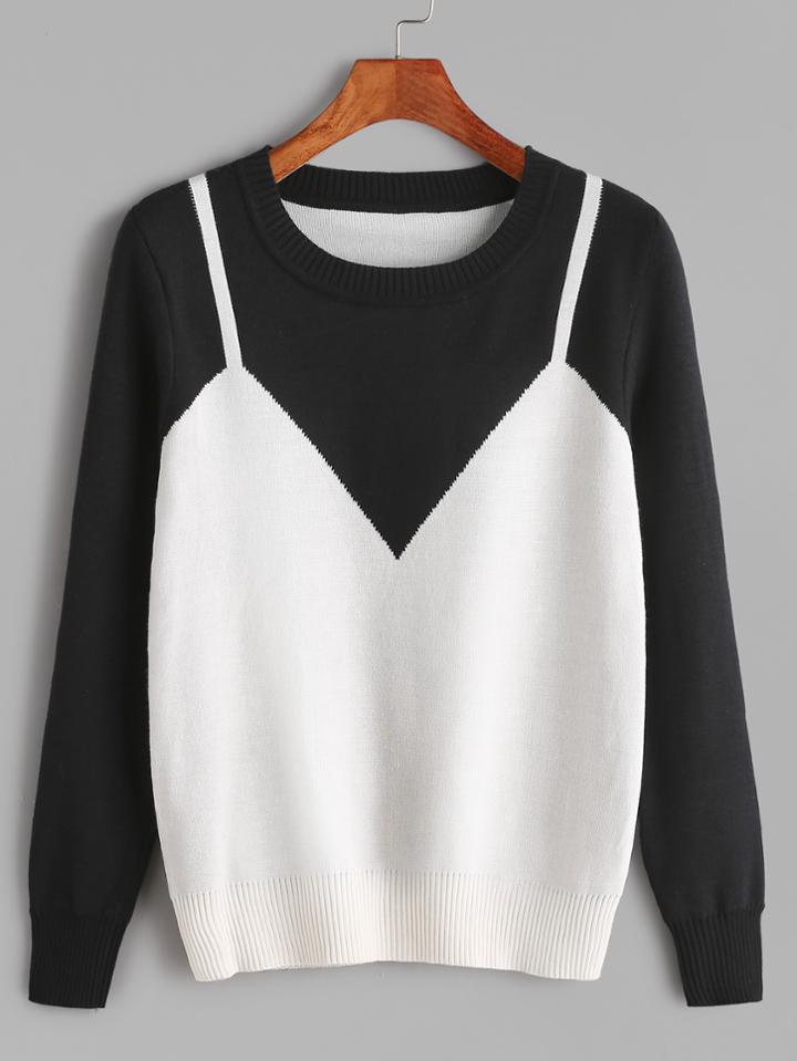 Romwe Black And White Contrast Casual Sweater