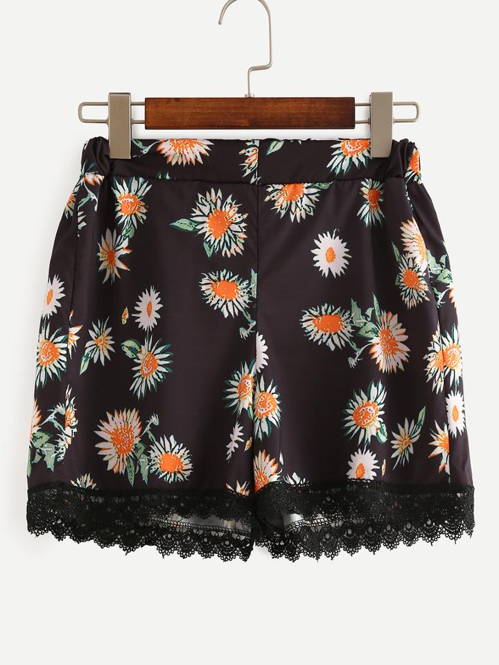 Romwe Lace Trimmed Daisy Print Shorts - Black