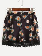 Romwe Lace Trimmed Daisy Print Shorts - Black