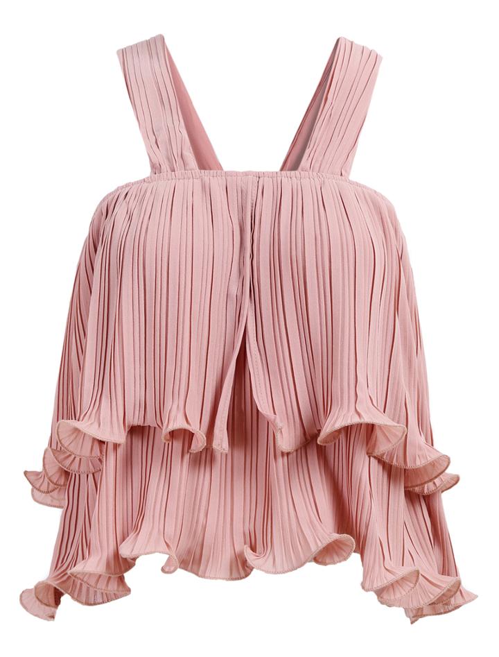Romwe Straps Pleated Peplum Hem Pink Vest
