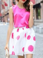 Romwe Sleeveless Red Top With Polka Dot Chiffon Skirt