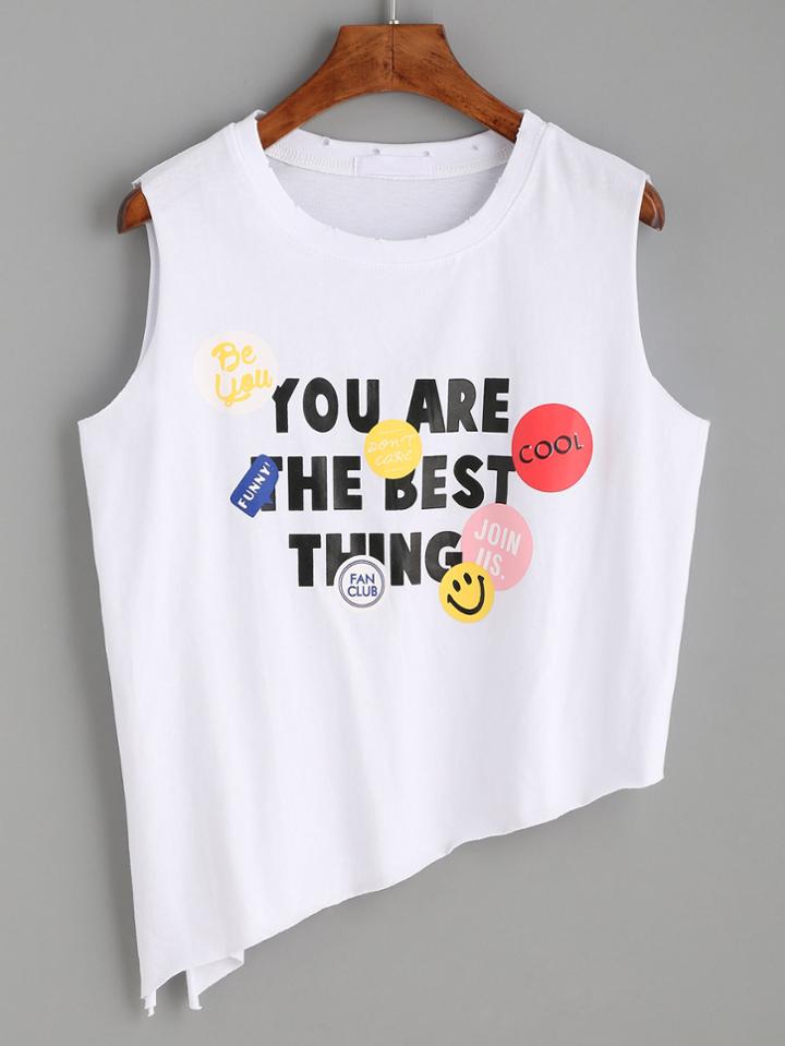 Romwe White Letter Print Asymmetric Tank Top
