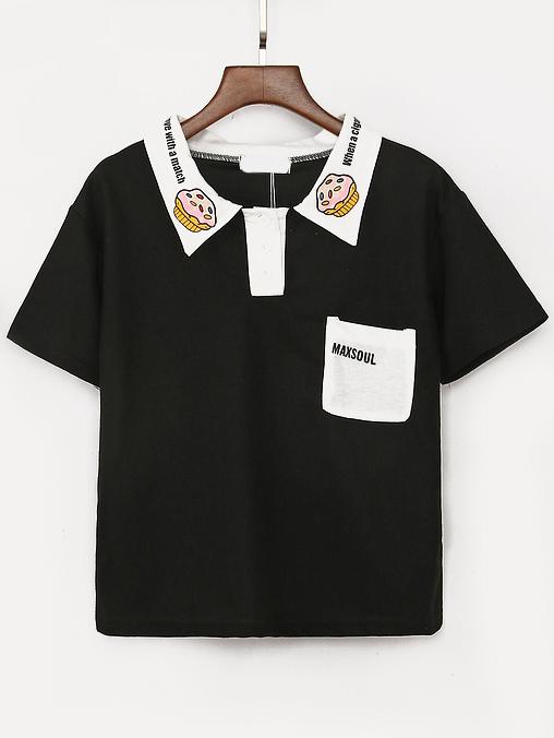 Romwe Cupcake Print Contrast Collar Polo Shirt - Black