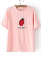 Romwe Strawberry Patch Embroidered Pink T-shirt
