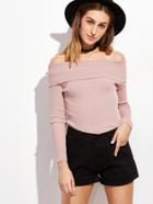 Romwe Pink Off The Shoulder Ribbed Foldover Sweater