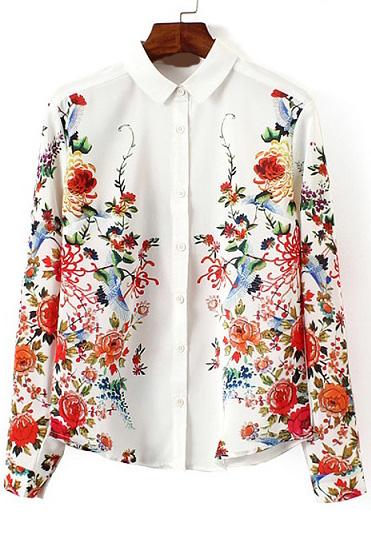 Romwe Lapel Long Sleeve Florals Blouse