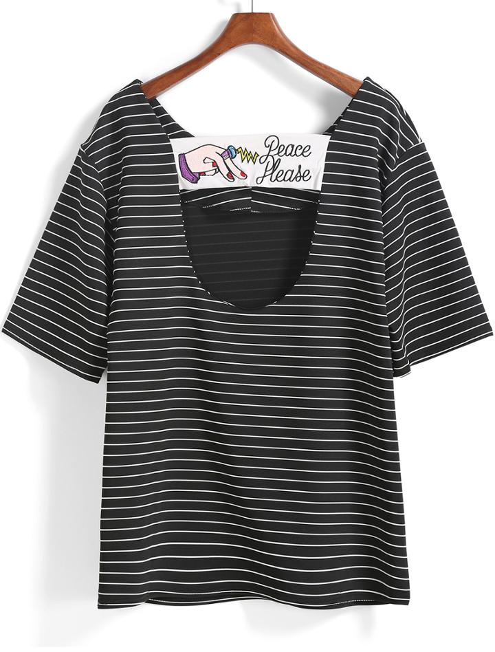 Romwe Black Short Sleeve Striped Hand Embroidered T-shirt