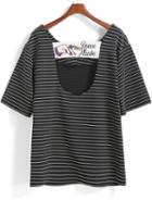 Romwe Black Short Sleeve Striped Hand Embroidered T-shirt
