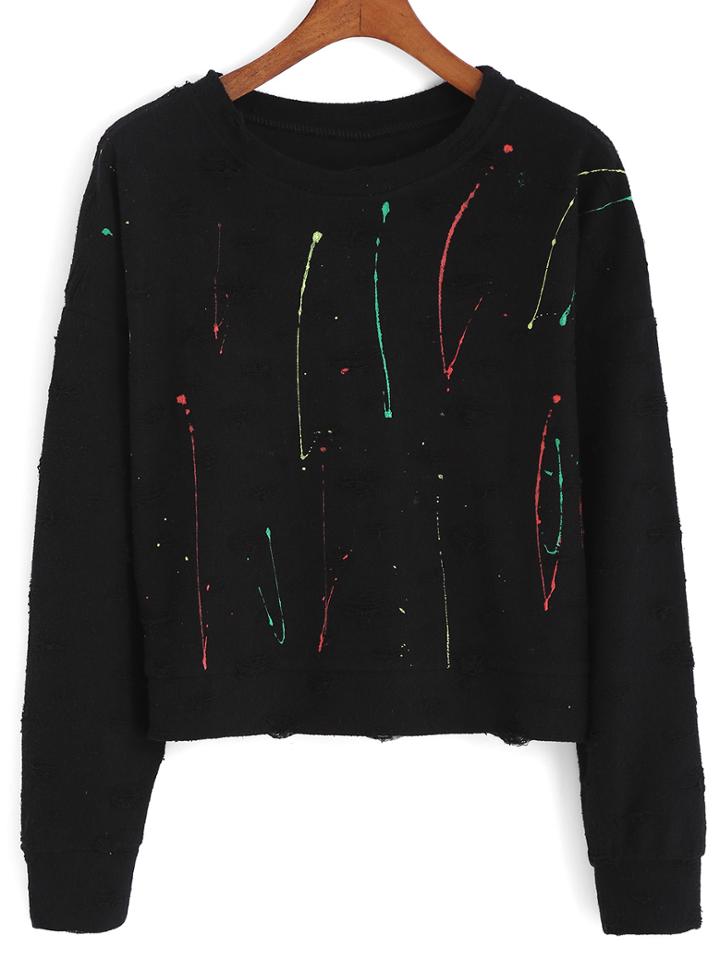 Romwe Ripped Speckled Print Black Sweatshirt
