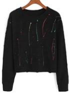 Romwe Ripped Speckled Print Black Sweatshirt