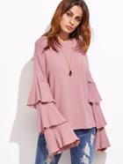Romwe Pink Layered Bell Sleeve Ribbed Top