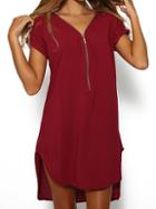 Romwe Wine Red V Neck Zipper Loose Dress