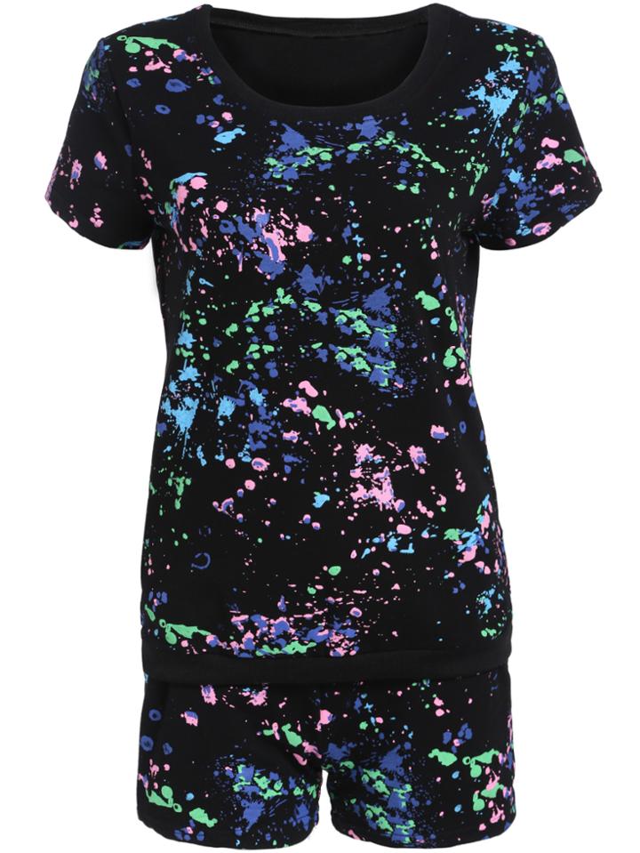 Romwe Short Sleeve Top With Abstract Print Black Shorts