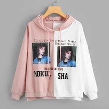 Romwe Plus Letter And Figure Print Hooded Sweatshirt