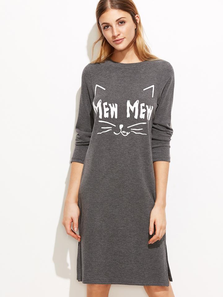 Romwe Grey Cat Print Sweater Dress