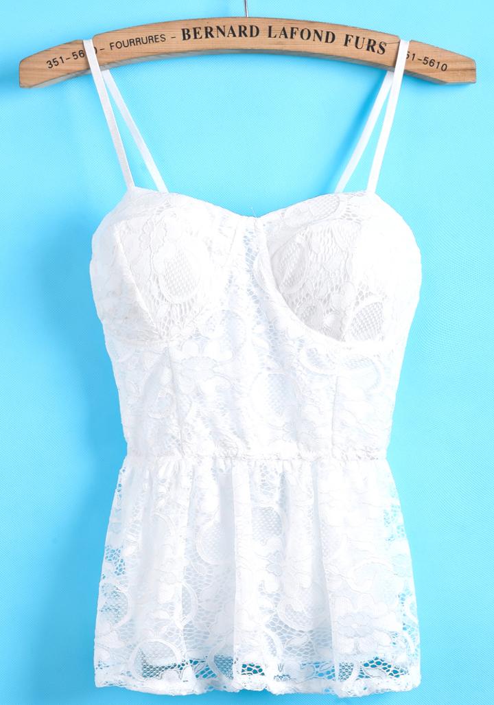 Romwe White Spaghetti Strap Lace Pleated Cami Top