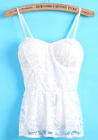 Romwe White Spaghetti Strap Lace Pleated Cami Top