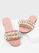 Romwe Faux Pearl & Rhinestone Decorated Sandals