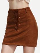 Romwe Camel Faux Suede Lace Up A Line Skirt