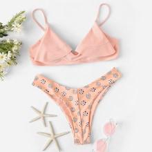 Romwe Layered Flounce Top With Floral High Leg Bikini