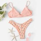 Romwe Layered Flounce Top With Floral High Leg Bikini