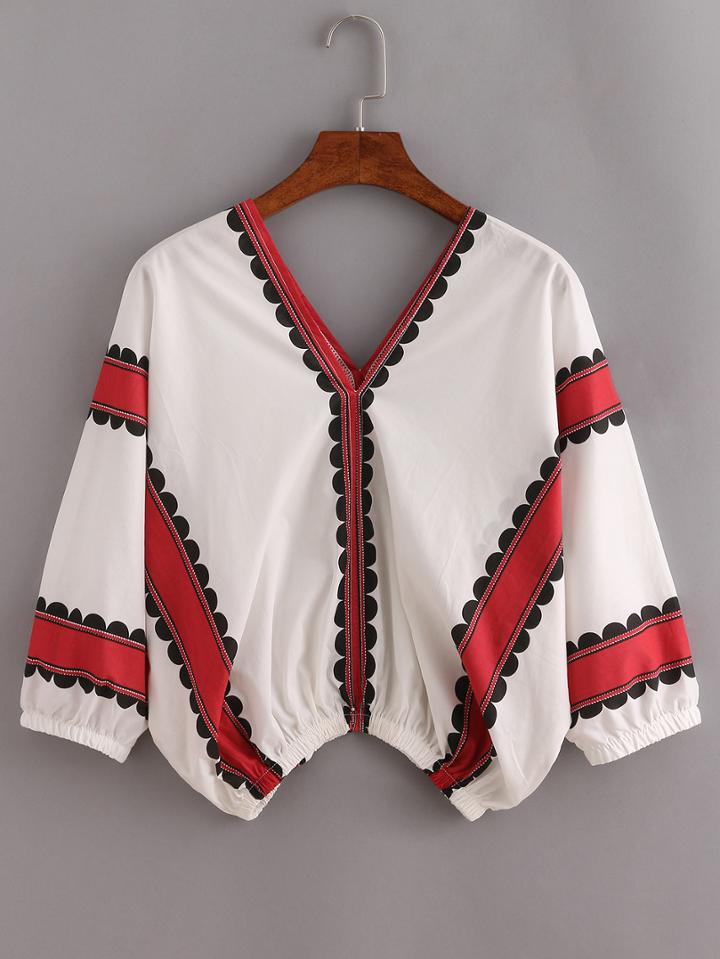 Romwe Double V-neck Striped Print Top - White