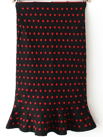 Romwe Polka Dot Ruffle Hem Skinny Red Skirt